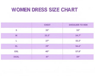 Women's dress size chart with measurements on a white background