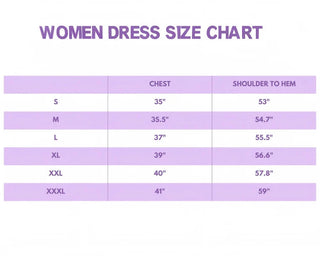 Women's dress size chart with measurements on a white background