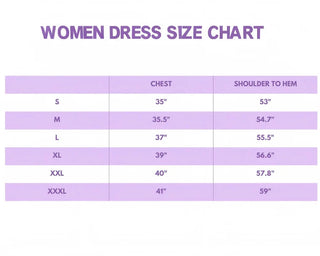 Women's dress size chart with measurements on a white background