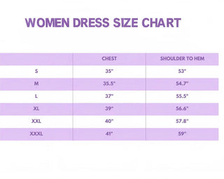 Women's dress size chart with measurements on a white background