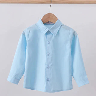 Light blue shirt on a wooden hanger against a plain background