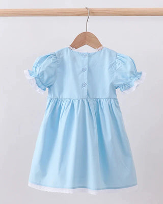 Light blue dress with lace trim on a wooden hanger against a white background