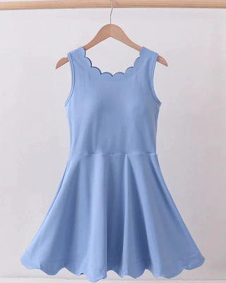Light blue sleeveless dress on a hanger against a white background