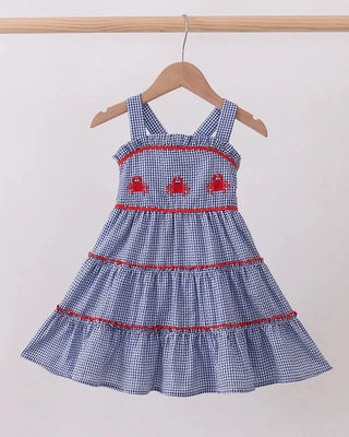 Blue checkered dress with red trim on a hanger against a white background