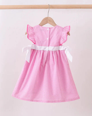 Pink checkered dress with a white ribbon belt on a wooden hanger against a light background