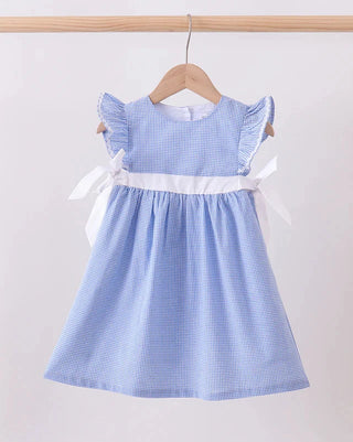 Blue checkered dress with white trim on a hanger against a light gray background
