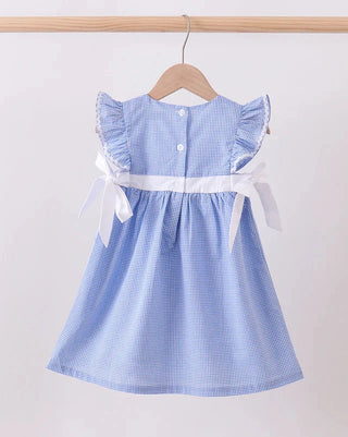 Blue checkered dress with white ribbon on a wooden hanger against a white background