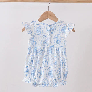 Floral-patterned baby romper on a hanger against a plain background