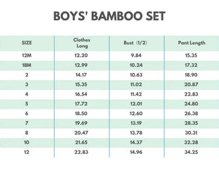 Table displaying measurements for a boys' bamboo set with size, length, and bust dimensions.
