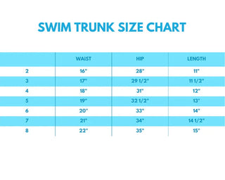 Swim trunk size chart with waist, hip, and length measurements on a blue background