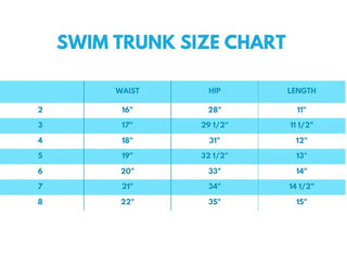 Swim trunk size chart with waist, hip, and length measurements on a blue background
