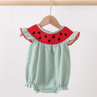 Green striped baby romper with watermelon design on a white background