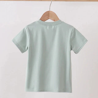 Light green t-shirt on a wooden hanger against a white background