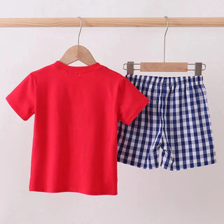 Red t-shirt and blue checkered shorts on hangers against a white background