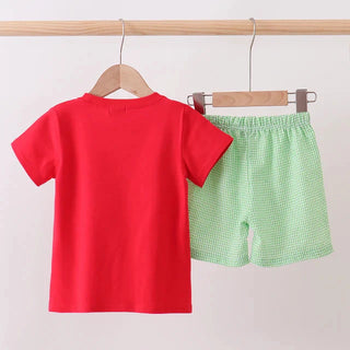 Red t-shirt and green checkered shorts on hangers against a white background