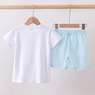 White t-shirt and light blue shorts on hangers against a plain background