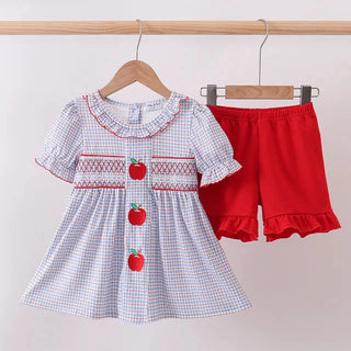 Apple Patch Smocked Plaid Ruffle Shorts Set