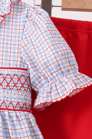 Apple Patch Smocked Plaid Ruffle Shorts Set