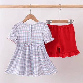 Apple Patch Smocked Plaid Ruffle Shorts Set