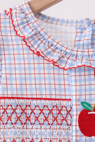 Apple Patch Smocked Plaid Ruffle Shorts Set