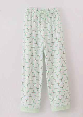 Green men's pajama pants with a Christmas holly print and a drawstring waist.