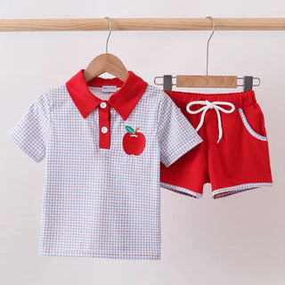 Smart Start Apple Embroidered Plaid Boy Shorts Set