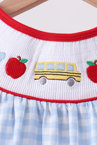School Bus Smocked Blue Gingham Ruffle Shorts Set