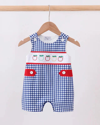 A baby romper with a blue and white gingham pattern, featuring a white chest panel with embroidered red and green apples, red side pockets, and red trim, hanging on a wooden hanger against a white background.