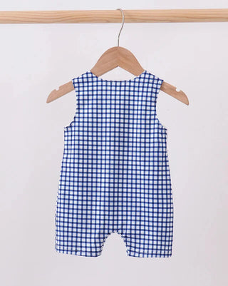 A sleeveless baby romper with a blue and white gingham check pattern, hanging on a wooden hanger from a light wood clothing rack against a plain white background.