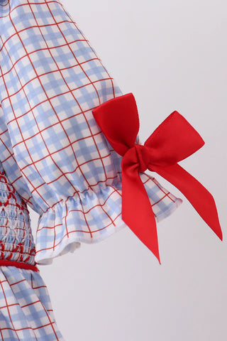 Apple Patch Smocked Plaid Ruffle Dress