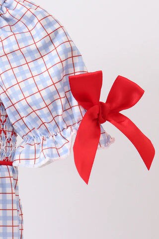 Apple Patch Smocked Plaid Ruffle Bubble