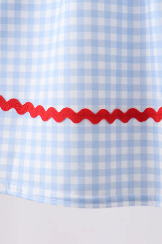 School Bus Smocked Blue Gingham Ruffle Dress