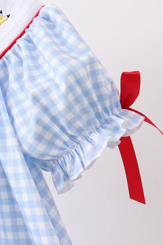 School Bus Smocked Blue Gingham Ruffle Dress