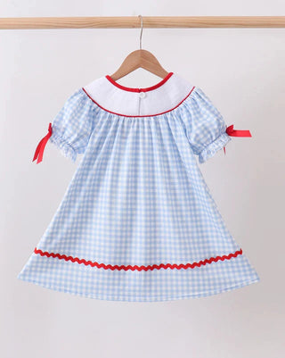 A light blue and white gingham dress with red trim, hanging on a wooden hanger against a plain light background.