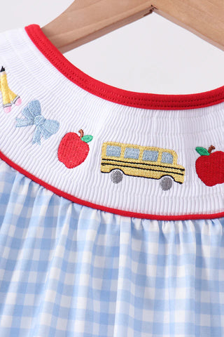 School Bus Smocked Blue Gingham Ruffle Dress