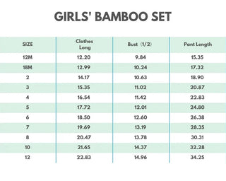 A size chart table for a girls' bamboo set, showing sizes 12M through 12 with columns for clothes length, bust (1/2), and pant length on a white background.