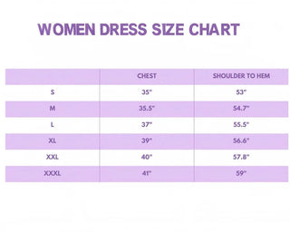 Women's dress size chart with measurements on a white background