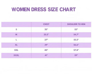 Women's dress size chart with measurements on a white background