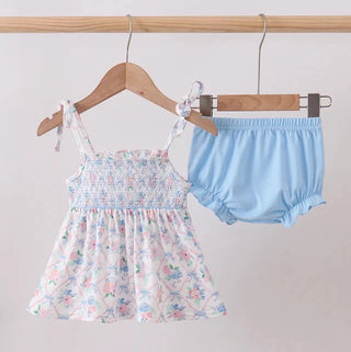 Zadie Blue Floral Smocked Ruffle Bloomer Set