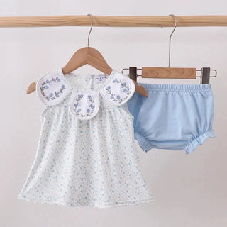 Baby dress and bloomers on hangers against a plain background