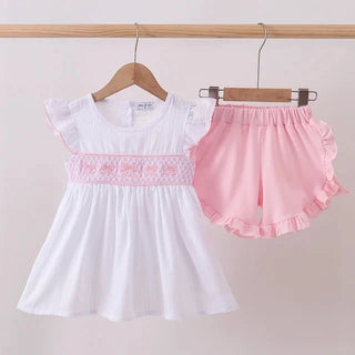 Pearl Bow Smocked Jacquard Ruffle Shorts Set
