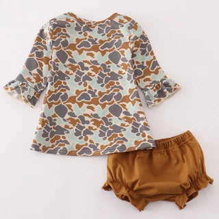 Camouflage-patterned top and brown bloomers on a white background