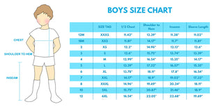 Boys size chart with measurements for chest, shoulder to hem, and inseam.