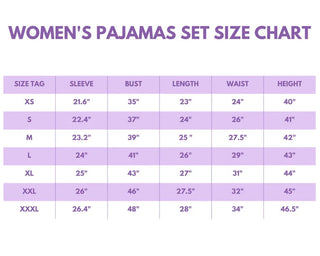 Women's pajamas set size chart on a white background