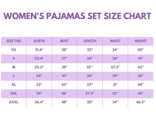 Women's pajamas set size chart on a white background