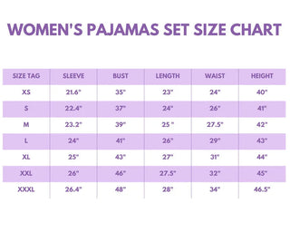 Women's pajamas set size chart on a white background