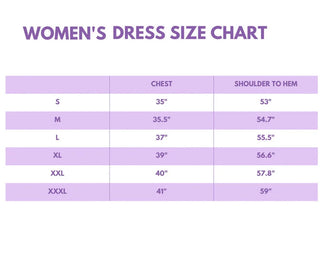 Women's dress size chart with measurements on a purple background