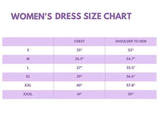 Women's dress size chart with measurements on a purple background