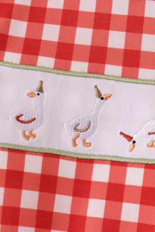 Merry Little Geese Embroidered Gingham Boy Romper