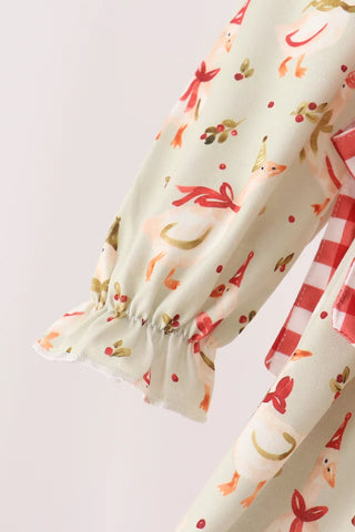 Merry Little Geese Embroidered Gingham Ruffle Dress